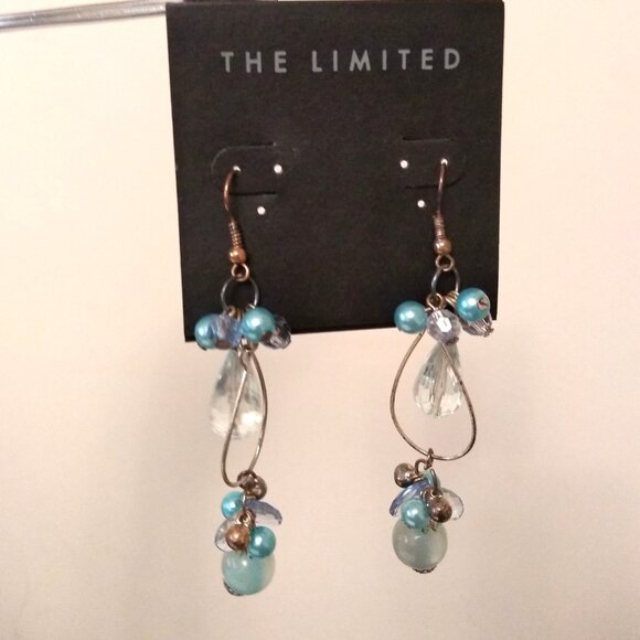 Vintage Teal Blue Beads Silver Tone Dangle Drop Earrings Timeless VTG Jewelry - Picture 2 of 6